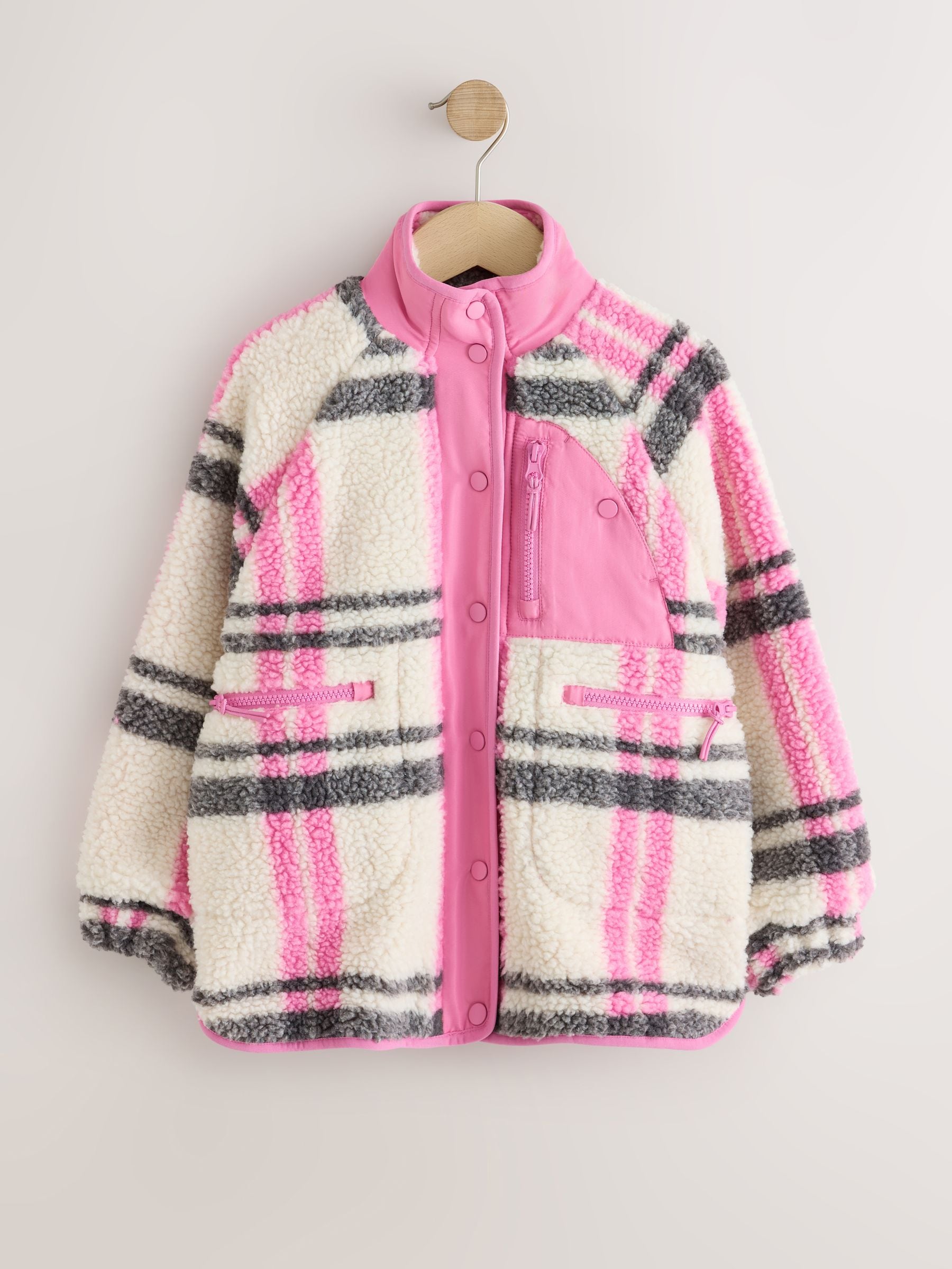 Dsiney Kidz - Ecru/Pink Check Button Up Borg Jacket (3-16yrs) image 5