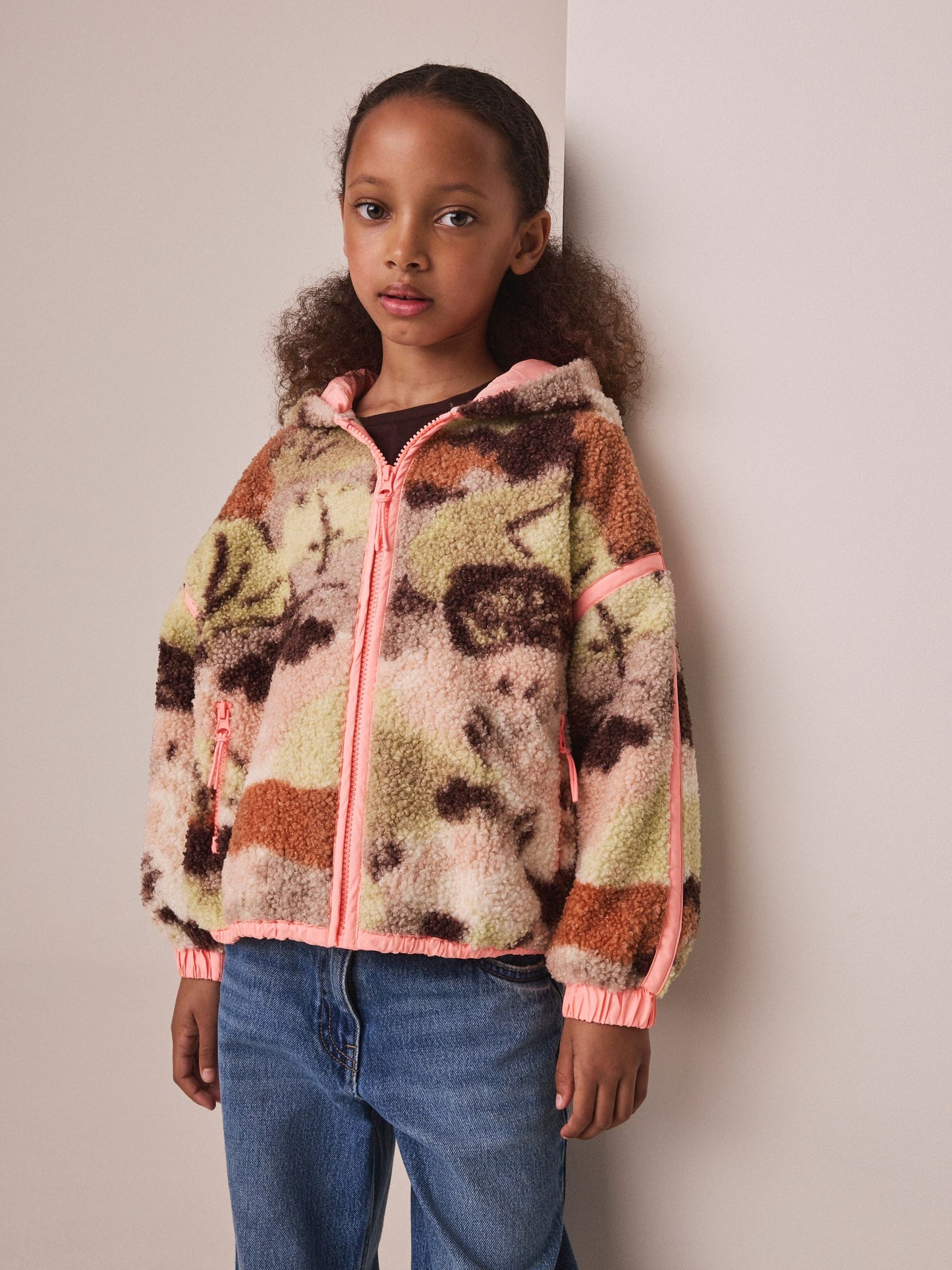 Dsiney Kidz - Neutral/Pink Abstract Zip up Hooded Borg Jacket (3-16yrs) image 1