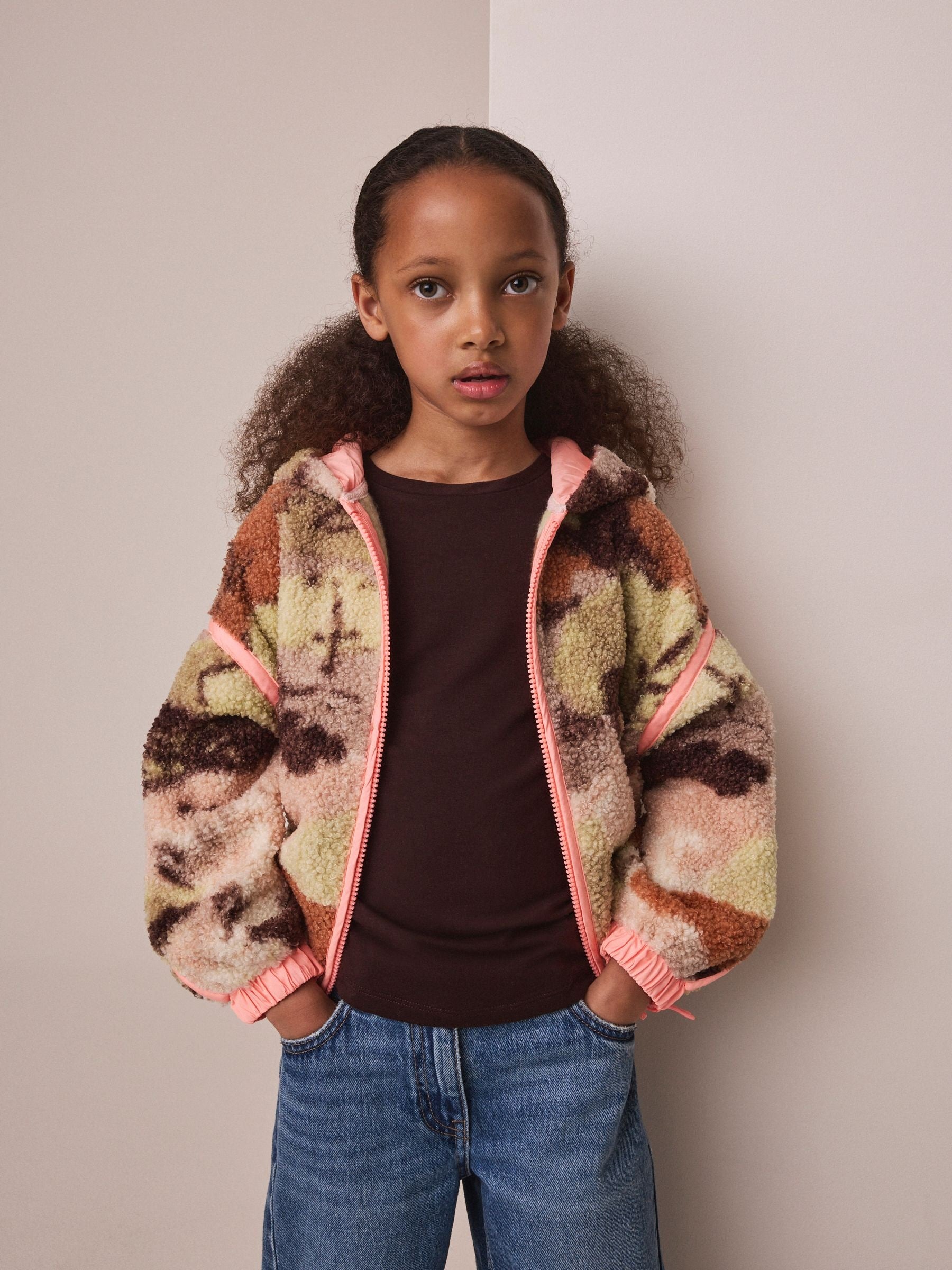 Dsiney Kidz - Neutral/Pink Abstract Zip up Hooded Borg Jacket (3-16yrs) image 3