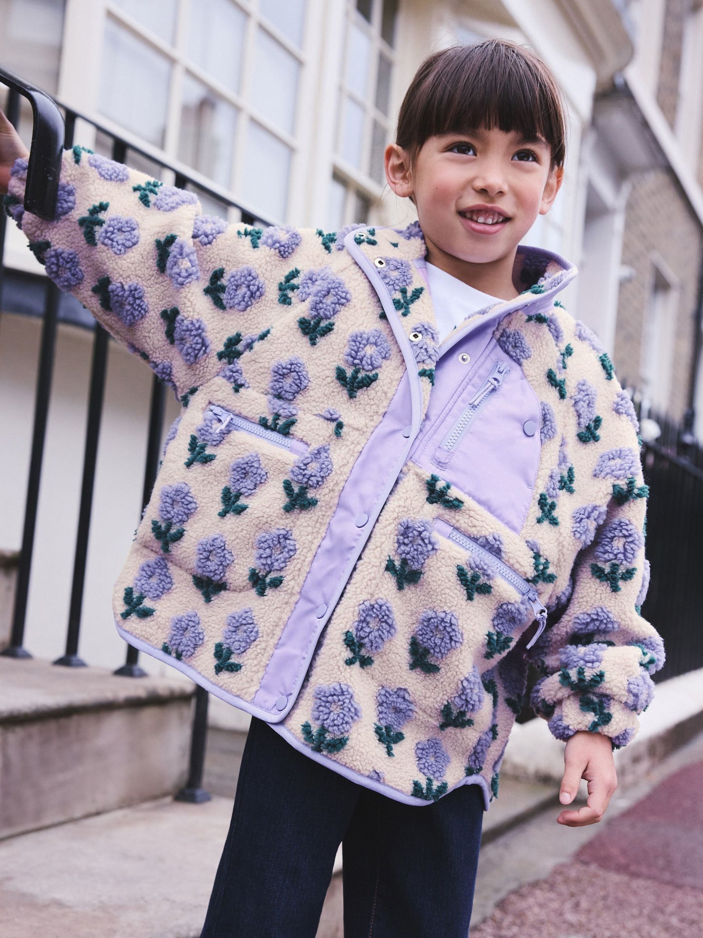 Dsiney Kidz - Blue/Cream Floral Button Up Borg Jacket (3-16yrs) image 1
