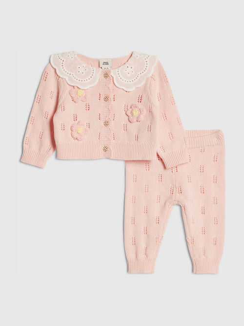 River Island Pink Broderie Daisy Knitted Cardigan & Leggings Set image 1