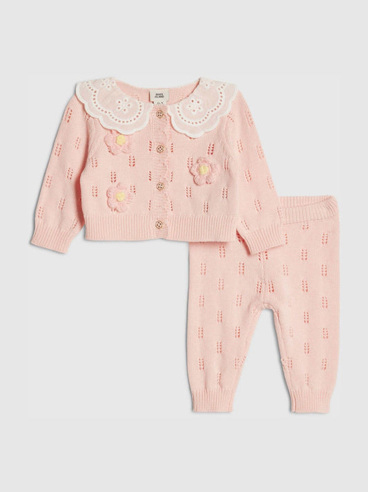 River Island Pink Broderie Daisy Knitted Cardigan & Leggings Set image 1