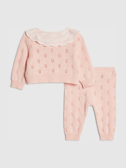River Island Pink Broderie Daisy Knitted Cardigan & Leggings Set image 2