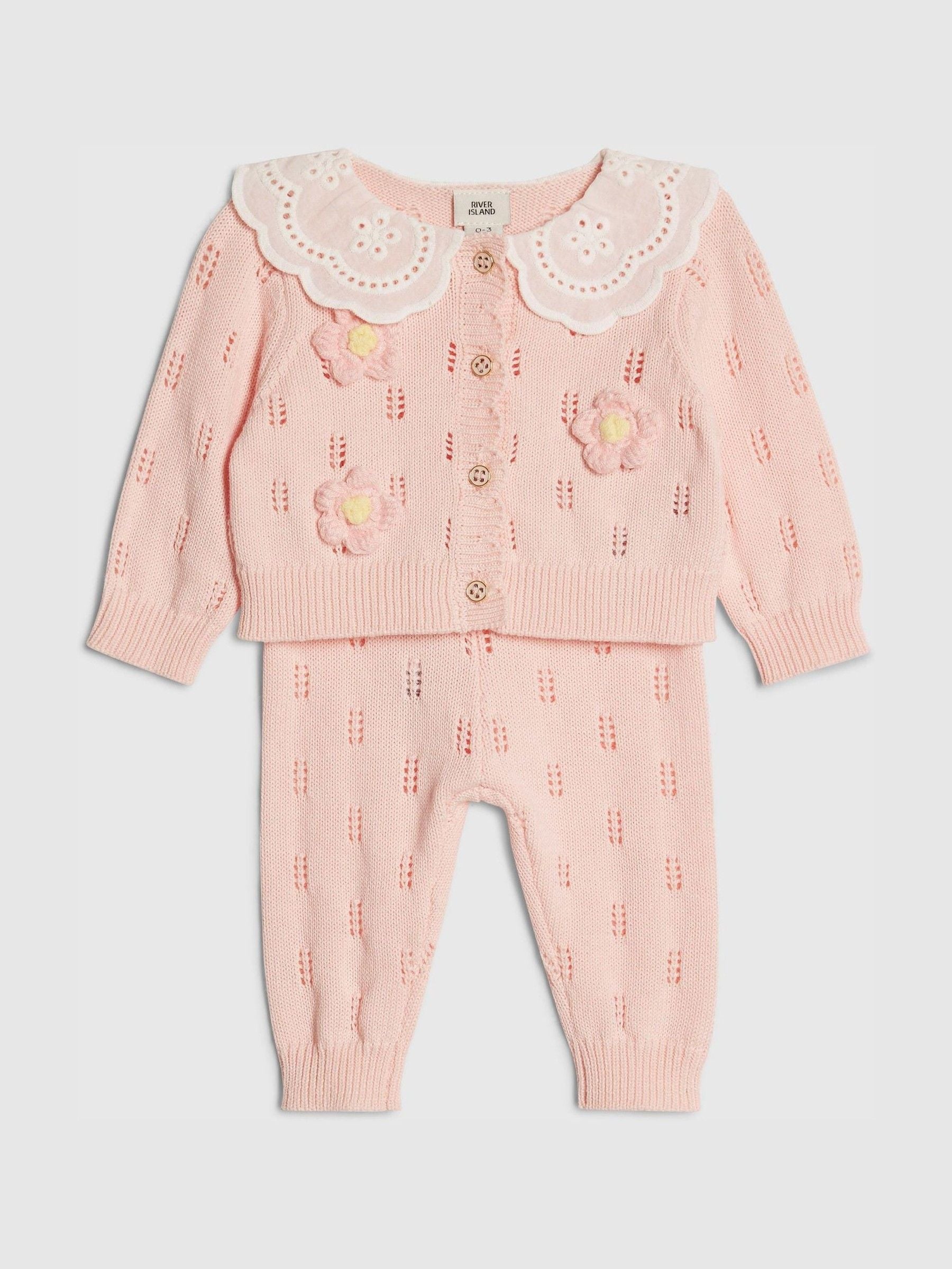 River Island Pink Broderie Daisy Knitted Cardigan & Leggings Set image 3