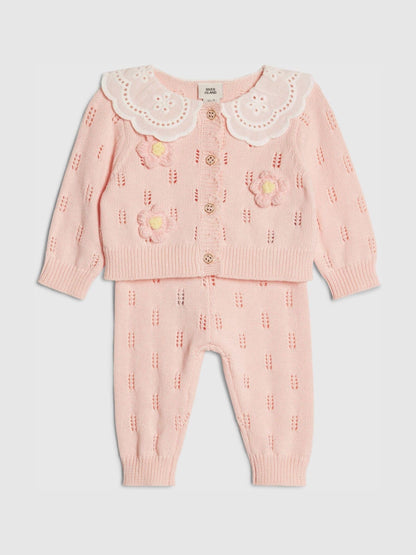 River Island Pink Broderie Daisy Knitted Cardigan & Leggings Set image 3
