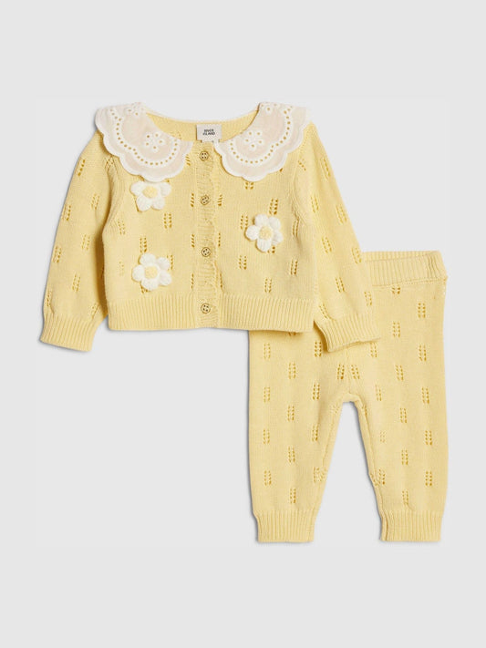River Island Yellow Broderie Daisy Knitted Cardigan & Leggings Set image 1