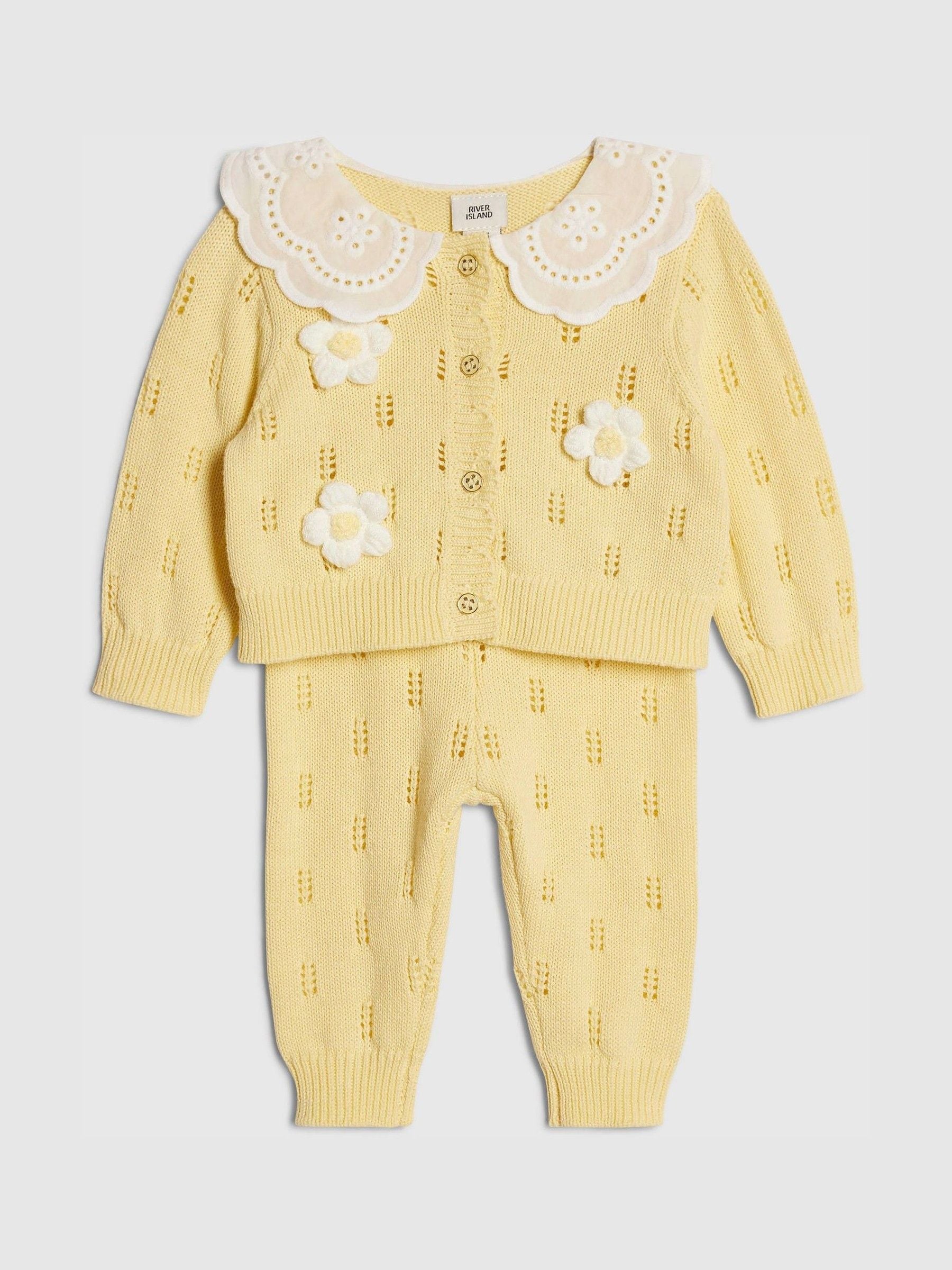 River Island Yellow Broderie Daisy Knitted Cardigan & Leggings Set image 5