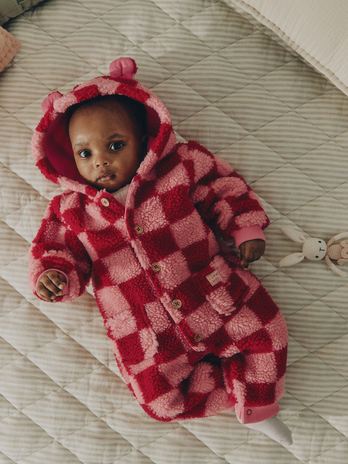Pink and Red Checkerboard Borg Hooded Baby All-In-One (0mths-2yrs) - image 1