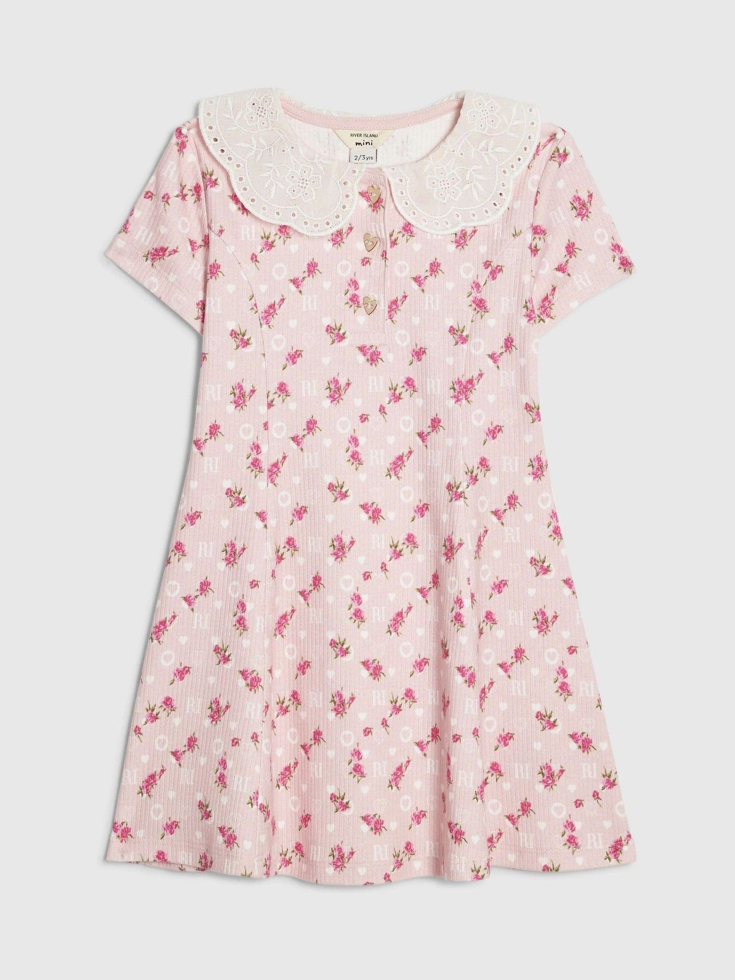 River Island Pink Floral Collar Flare Dress image 1