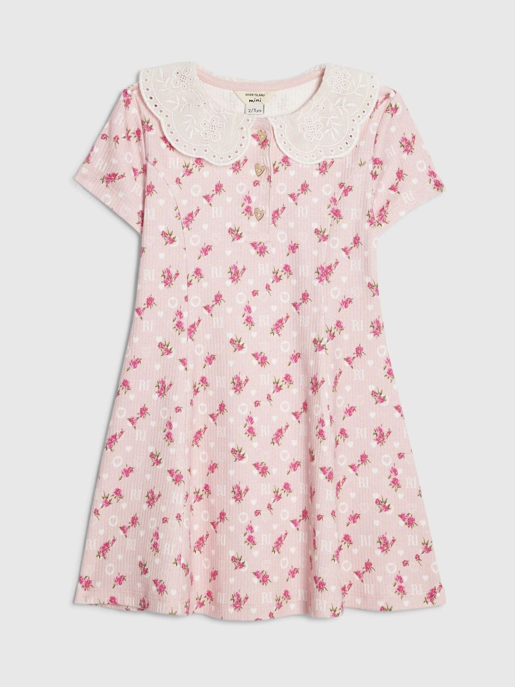 River Island Pink Floral Collar Flare Dress image 1