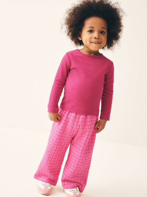 Pink Check Textured Wide Leg Trousers (3mths-7yrs) image 1