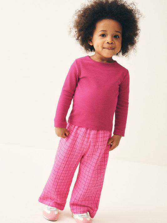 Pink Check Textured Wide Leg Trousers (3mths-7yrs) image 1