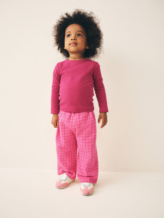 Pink Check Textured Wide Leg Trousers (3mths-7yrs) image 2