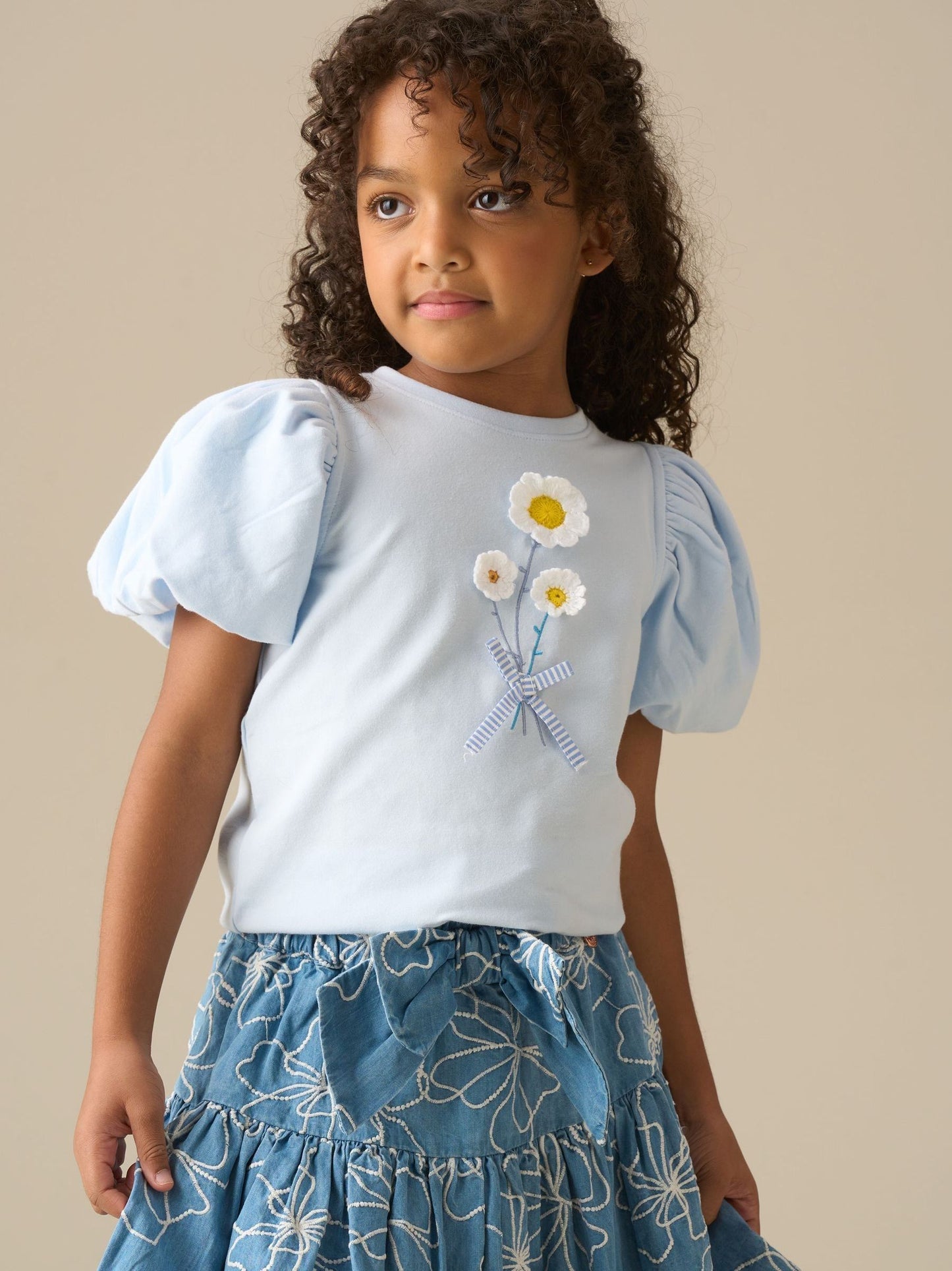 Dsiney Kidz - Angel & Rocket Blue Daisy Flower Embroidered Puff Sleeve T-Shirts image 1