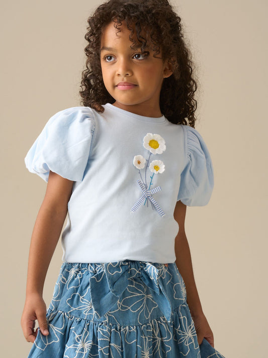Dsiney Kidz - Angel & Rocket Blue Daisy Flower Embroidered Puff Sleeve T-Shirts image 1