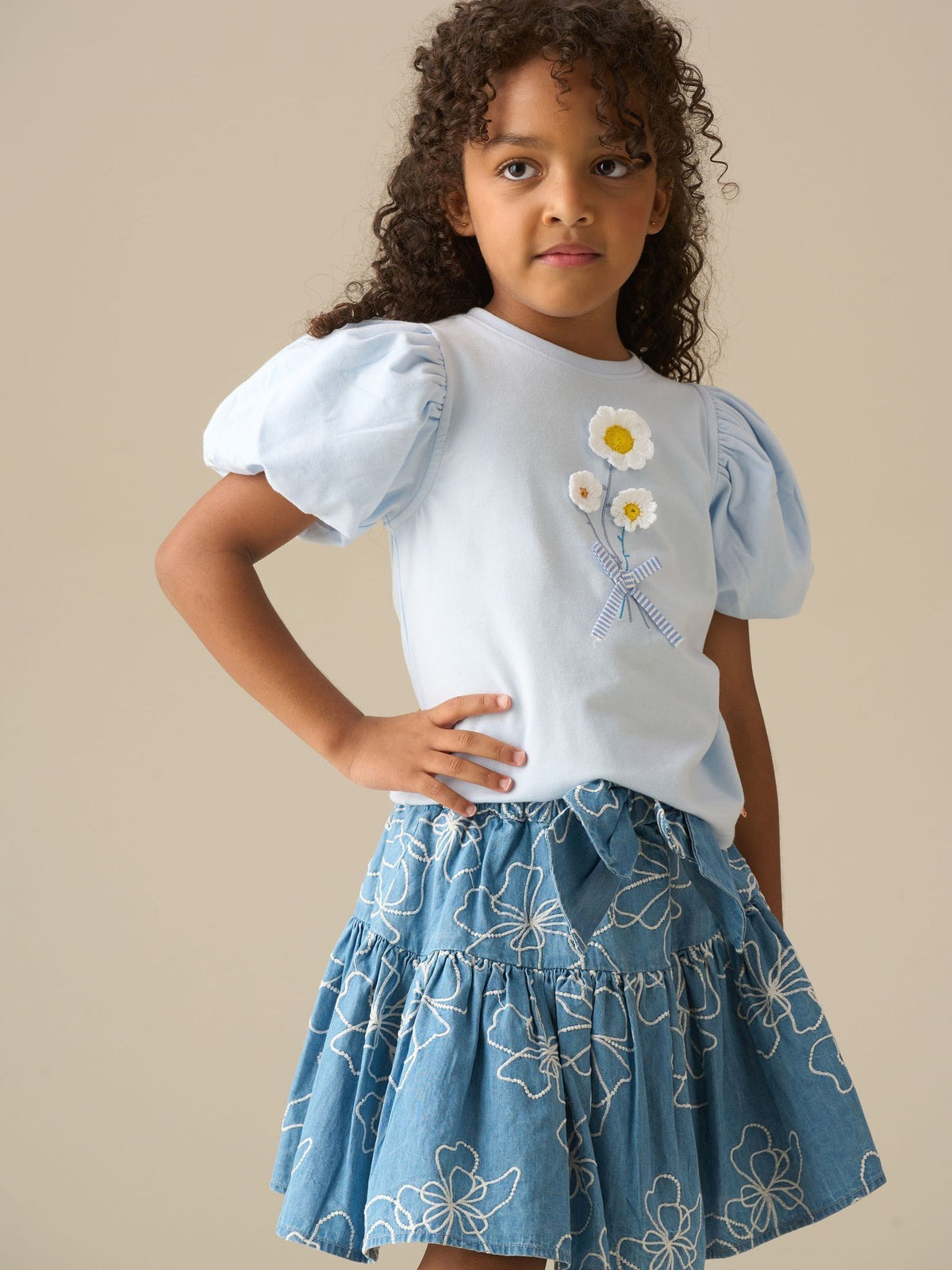 Dsiney Kidz - Angel & Rocket Blue Daisy Flower Embroidered Puff Sleeve T-Shirts image 2