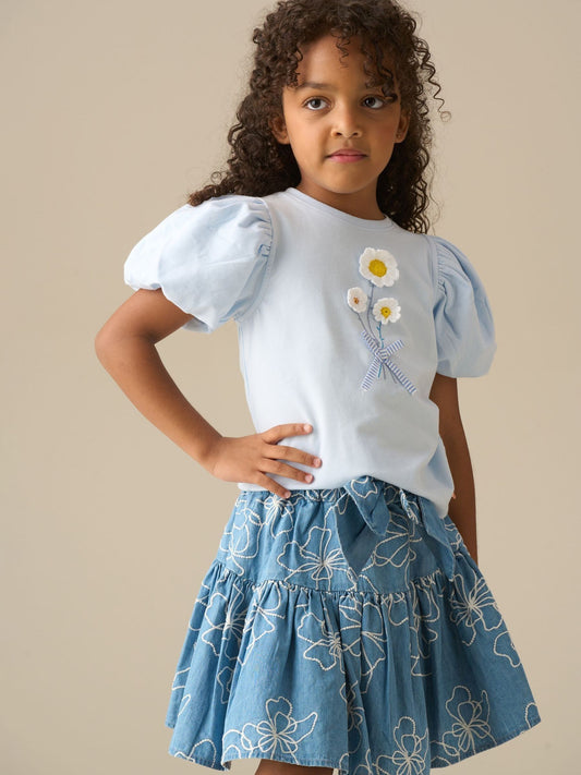 Dsiney Kidz - Angel & Rocket Blue Daisy Flower Embroidered Puff Sleeve T-Shirts image 2