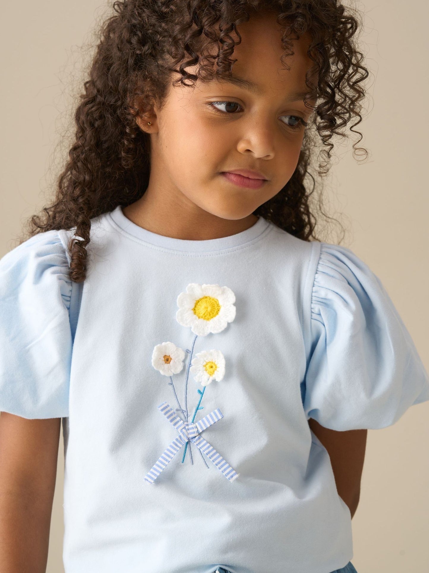 Dsiney Kidz - Angel & Rocket Blue Daisy Flower Embroidered Puff Sleeve T-Shirts image 3