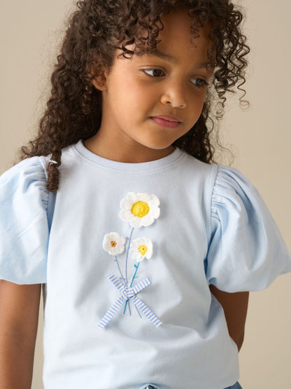 Dsiney Kidz - Angel & Rocket Blue Daisy Flower Embroidered Puff Sleeve T-Shirts image 3