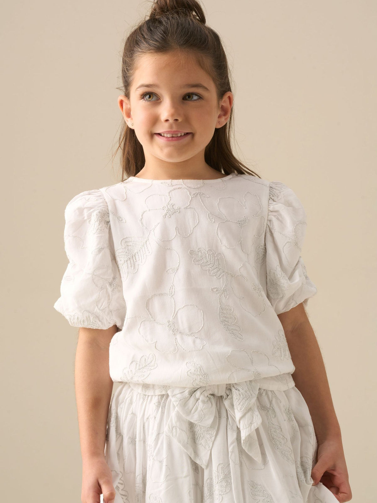Dsiney Kidz - Angel & Rocket White Dalhia Floral Embriodered Tie Waist Puff Sleeve Top image 1
