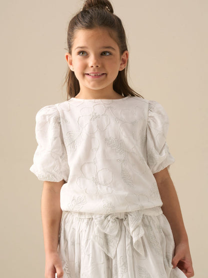 Dsiney Kidz - Angel & Rocket White Dalhia Floral Embriodered Tie Waist Puff Sleeve Top image 1