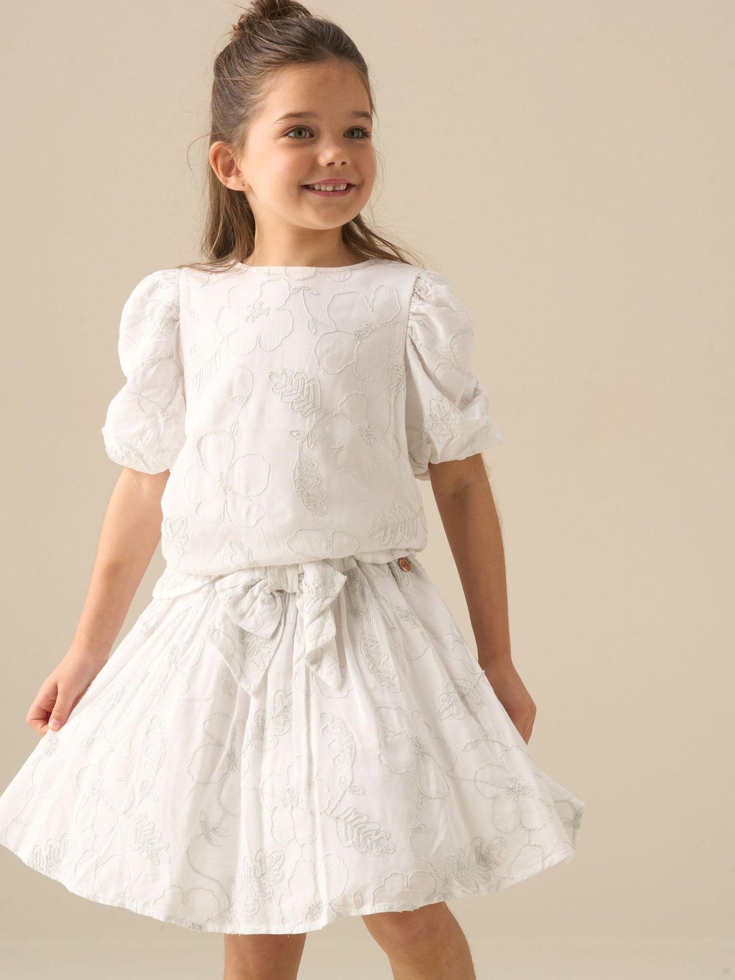 Dsiney Kidz - Angel & Rocket White Dalhia Floral Embriodered Tie Waist Puff Sleeve Top image 2
