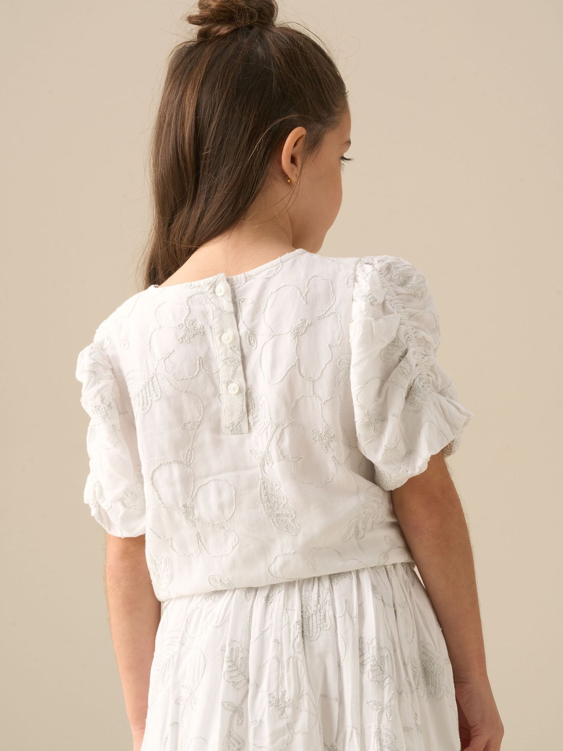 Dsiney Kidz - Angel & Rocket White Dalhia Floral Embriodered Tie Waist Puff Sleeve Top image 3