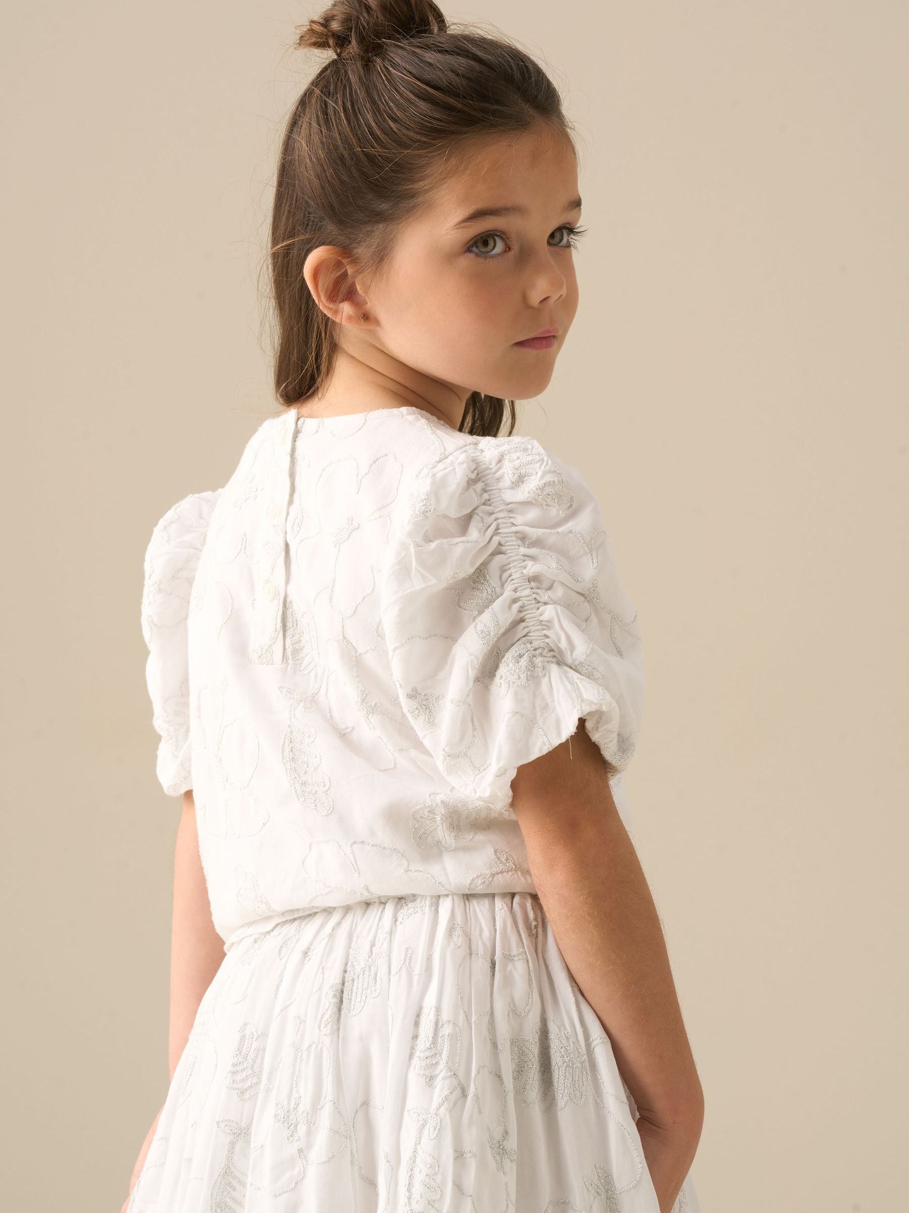 Dsiney Kidz - Angel & Rocket White Dalhia Floral Embriodered Tie Waist Puff Sleeve Top image 4