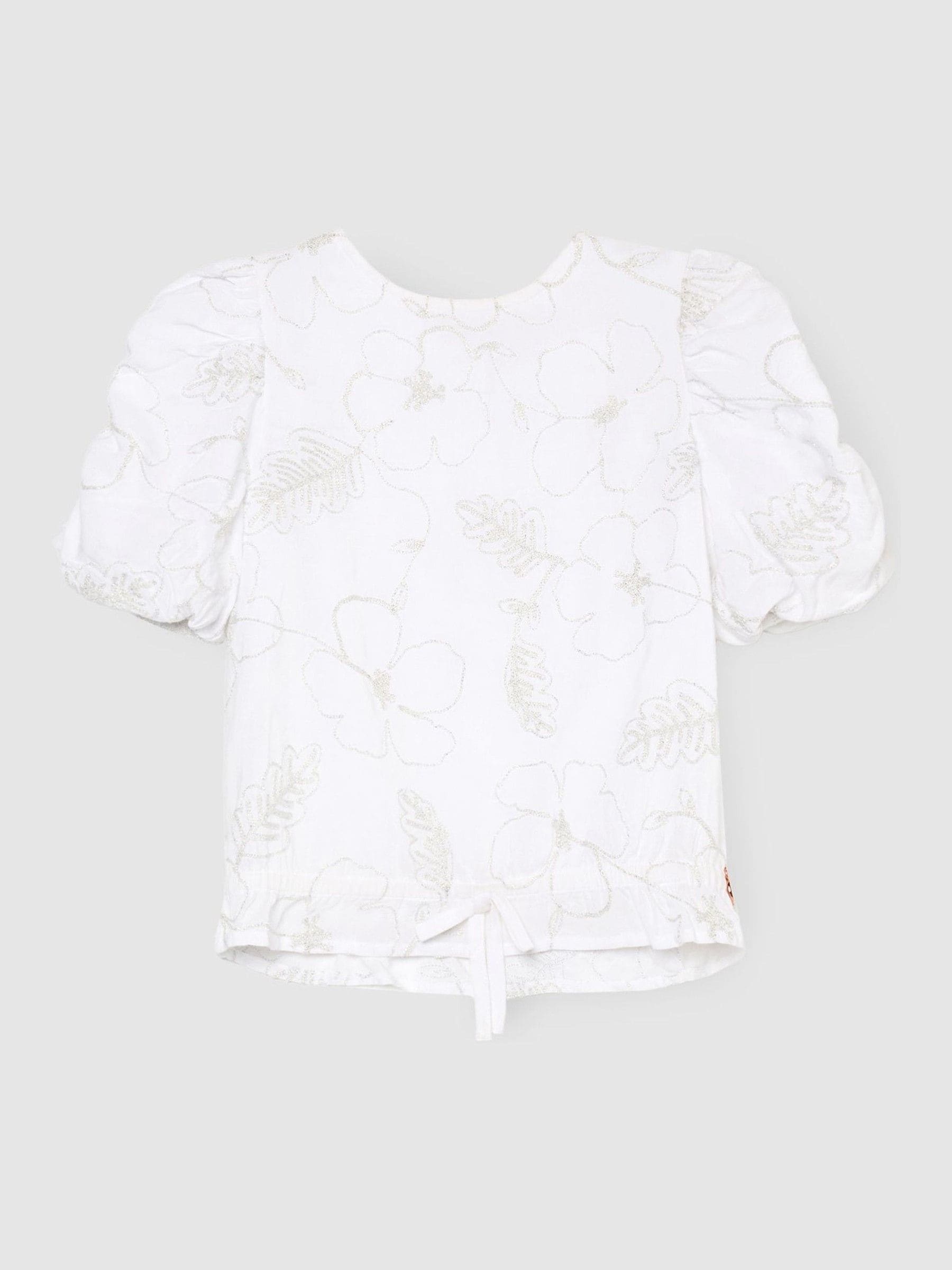 Dsiney Kidz - Angel & Rocket White Dalhia Floral Embriodered Tie Waist Puff Sleeve Top image 5