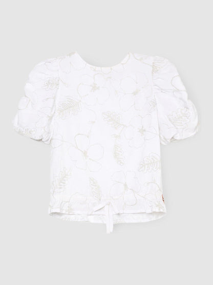 Dsiney Kidz - Angel & Rocket White Dalhia Floral Embriodered Tie Waist Puff Sleeve Top image 5