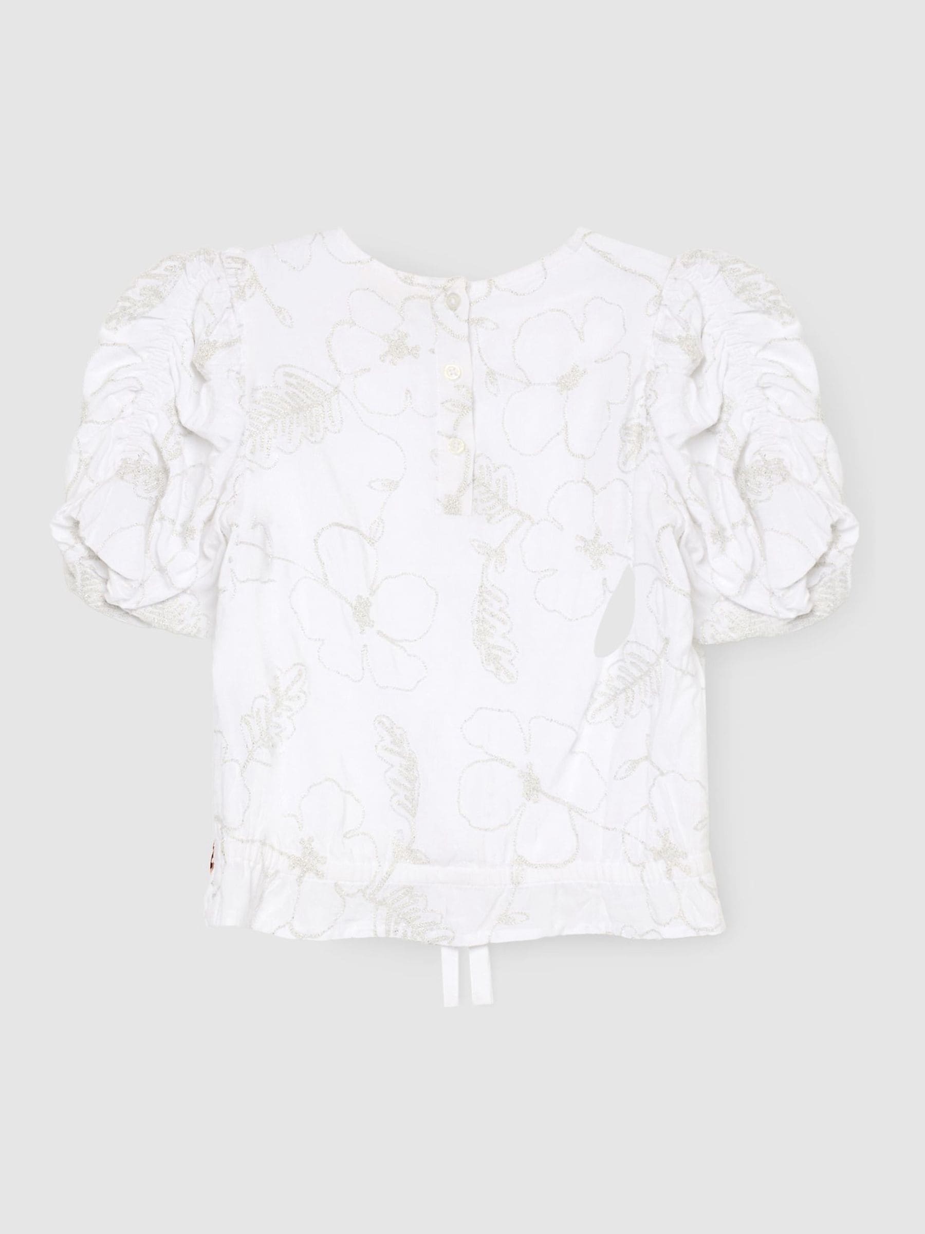 Dsiney Kidz - Angel & Rocket White Dalhia Floral Embriodered Tie Waist Puff Sleeve Top image 6