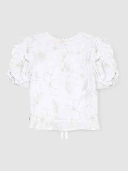 Dsiney Kidz - Angel & Rocket White Dalhia Floral Embriodered Tie Waist Puff Sleeve Top image 6