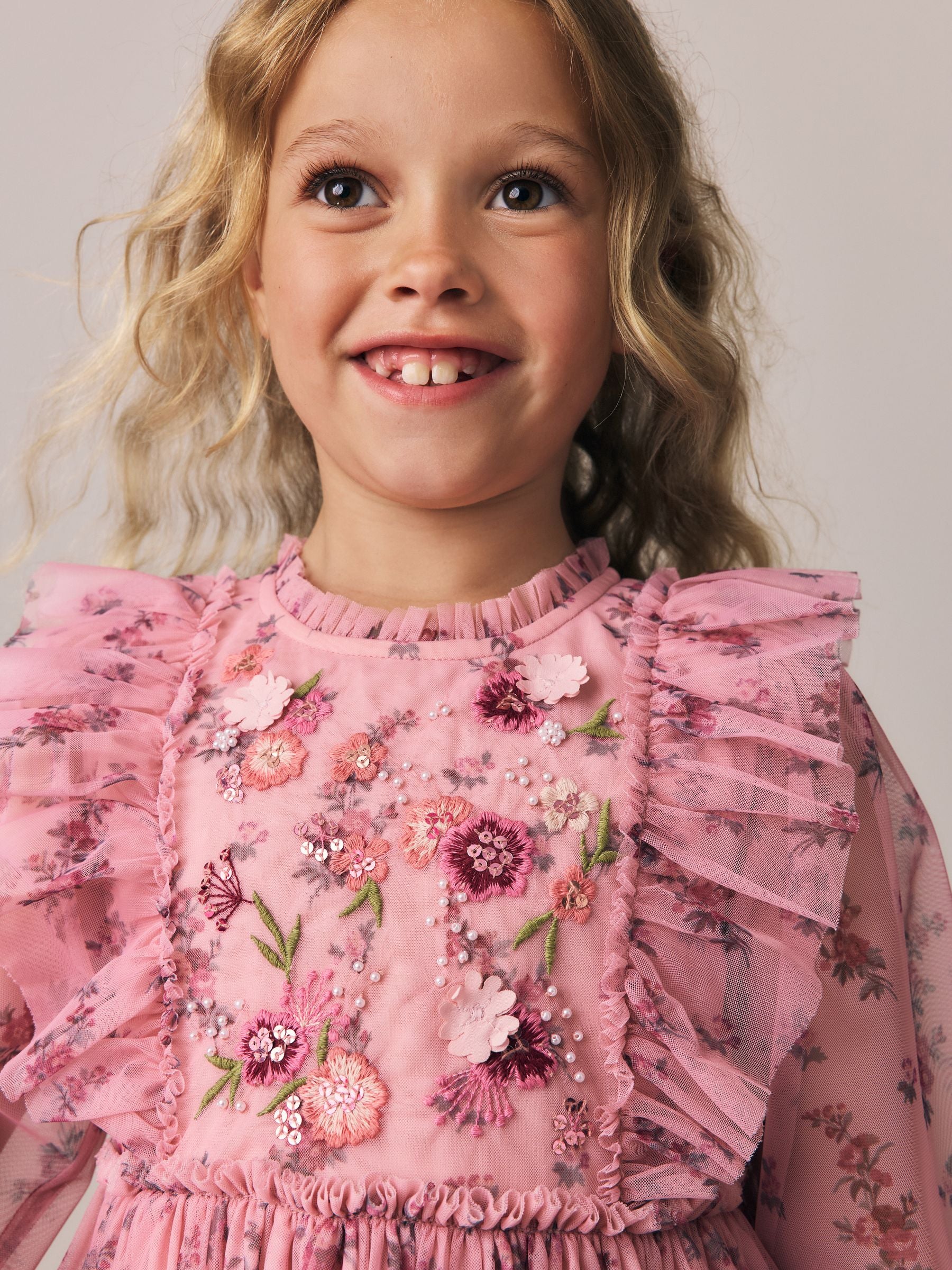 Dsiney Kidz - Laura Ashley Pink Embroided Mesh Tiered Floral Dress image 3