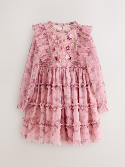 Dsiney Kidz - Laura Ashley Pink Embroided Mesh Tiered Floral Dress image 5