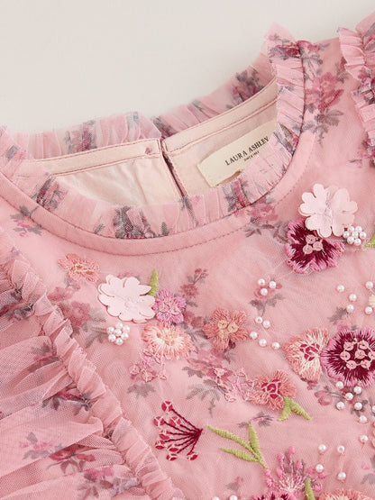 Dsiney Kidz - Laura Ashley Pink Embroided Mesh Tiered Floral Dress image 8