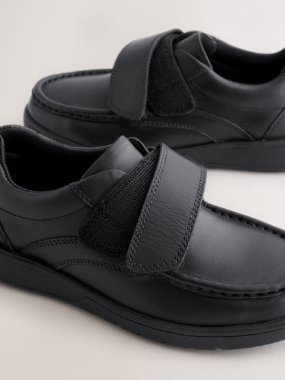 Black Wide Fit (G) Leather Touch Fastening School Shoes image 2