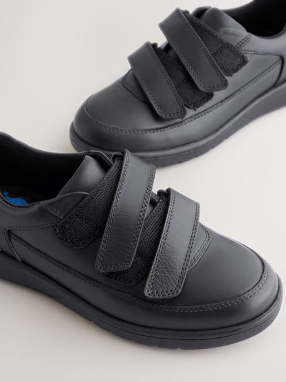 Black Wide Fit (G) Leather 2 Strap Touch Fastening School Shoes image 3