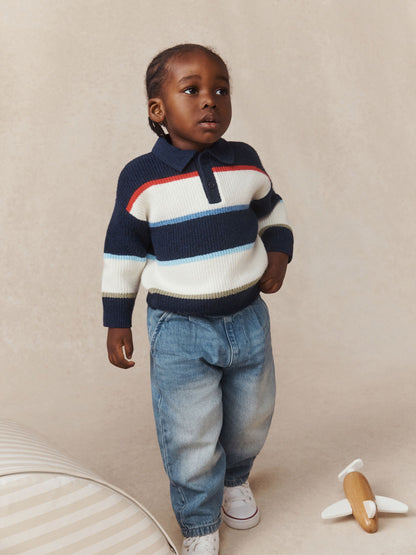 Blue/White Knitted Stripe Rugby Polo Shirt (3mths-7yrs) - image 2