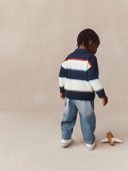 Blue/White Knitted Stripe Rugby Polo Shirt (3mths-7yrs) - image 3