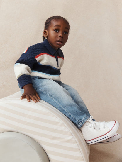 Blue/White Knitted Stripe Rugby Polo Shirt (3mths-7yrs) - image 4