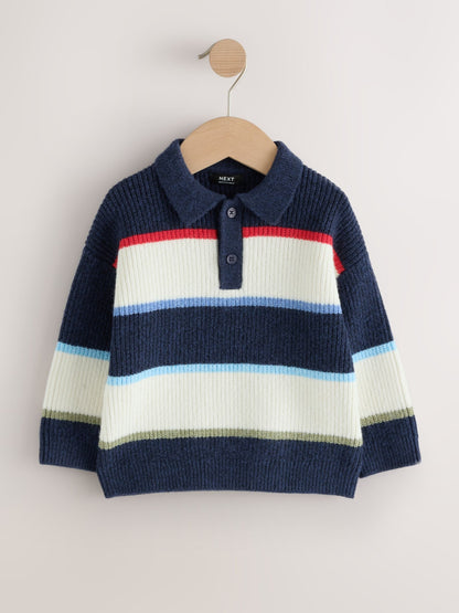 Blue/White Knitted Stripe Rugby Polo Shirt (3mths-7yrs) - image 5