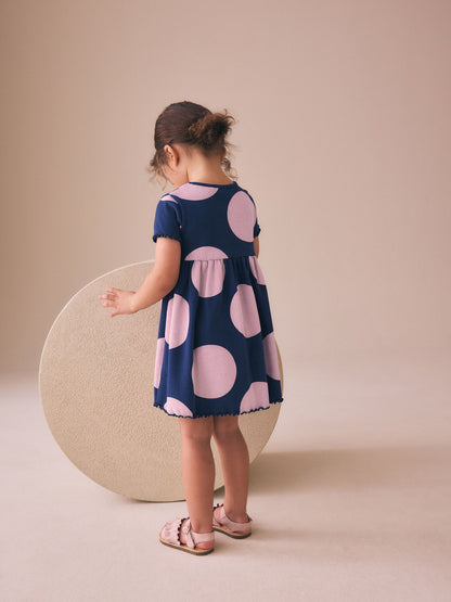 Navy Spot Short Sleeve Ribbed Dress (3mths-7yrs) image 3