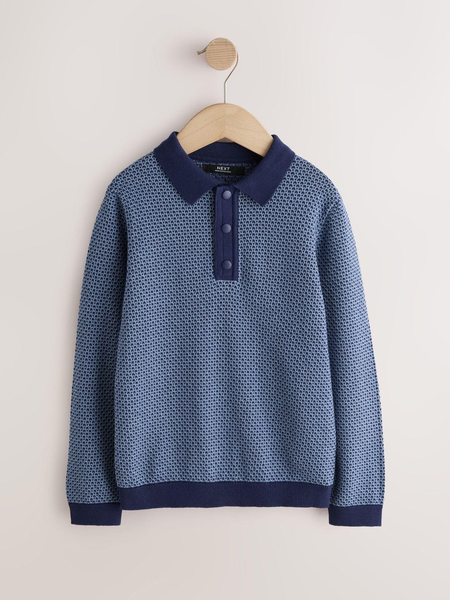 Dsiney Kidz - Blue/Navy Textured Knitted Popper Neck Polo Shirt (3-16yrs) image 1