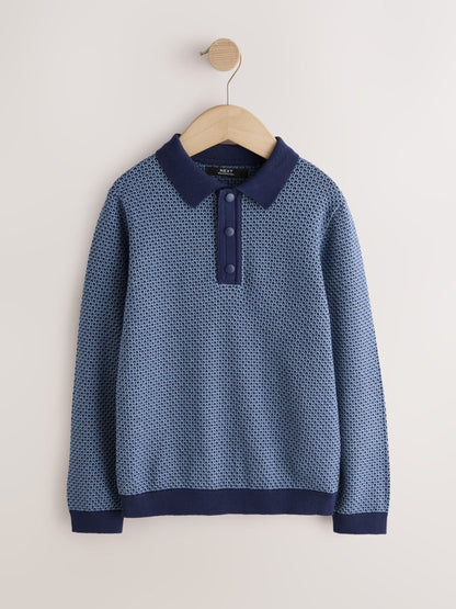 Dsiney Kidz - Blue/Navy Textured Knitted Popper Neck Polo Shirt (3-16yrs) image 1