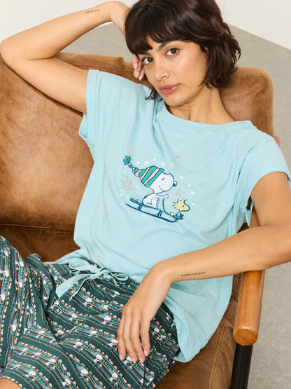 FatFace Teal Blue Snowflake Snoopy Short and Tee Pyjama Set - image 1
