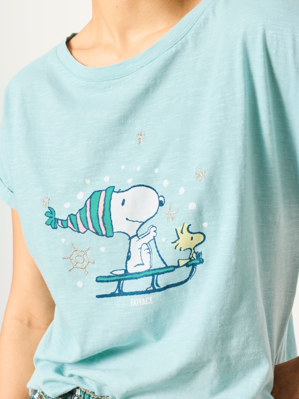 FatFace Teal Blue Snowflake Snoopy Short and Tee Pyjama Set - image 3
