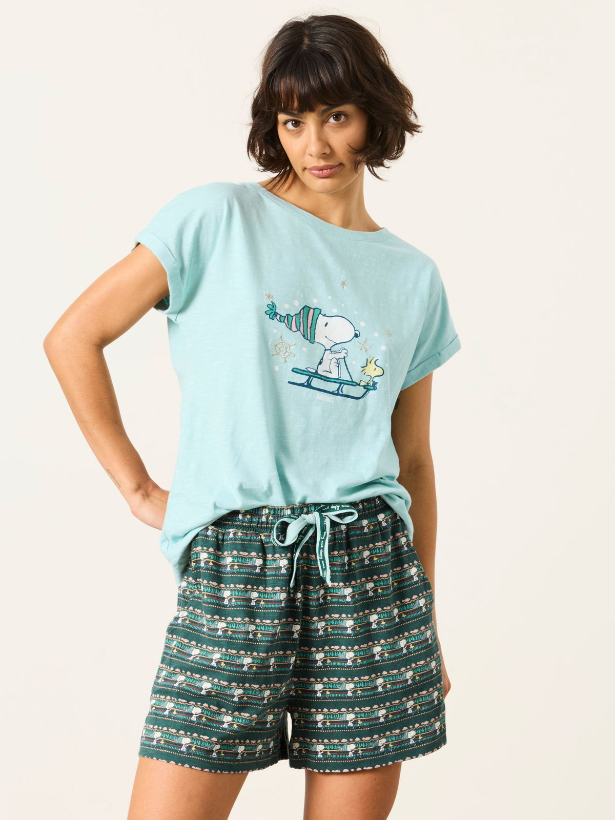 FatFace Teal Blue Snowflake Snoopy Short and Tee Pyjama Set - image 4