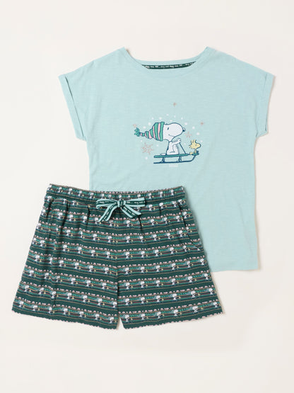 FatFace Teal Blue Snowflake Snoopy Short and Tee Pyjama Set - image 5