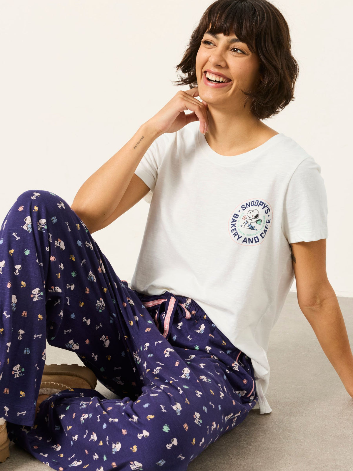 FatFace Navy Blue Cafe Snoopy Pant and Tee Pyjama Set - image 3