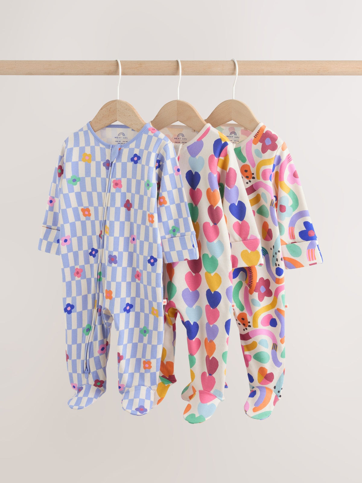 Bright Rainbow Two Way Zip Sleepsuits 3 Pack (0mths-2yrs) image 1
